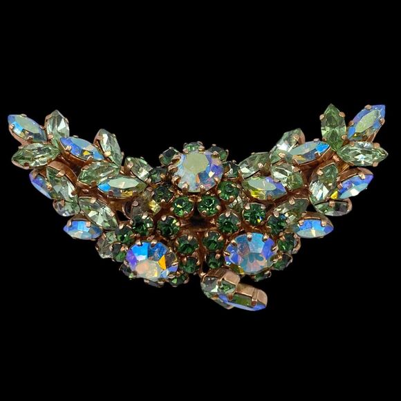 Signed SCHOFFEL AUSTRIA Vintage Peacock Blue Green Crystal Floral Cluster BROOCH - Picture 1 of 13